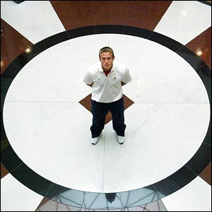 England fly-half Jonny Wilkinson looks to camera after the press conference at the Novotel in Perth