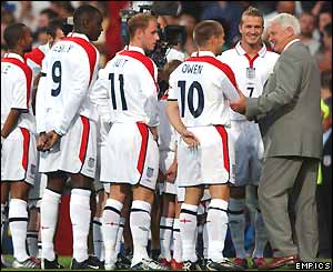 The England players are introduced to Newcastle boss Sir Bobby Robson before the game