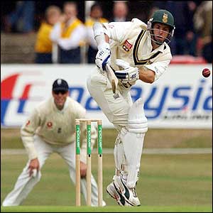 South Africa's Gary Kirsten fends off a delivery