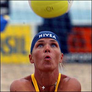 Germany's Andrea Ahmann in action during the 2003 FIVB Beach Volleyball World Championships Group K match against Japan on Cobacabana Beach in Rio