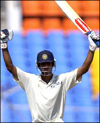 India's Rahul Dravid celebrates his double century