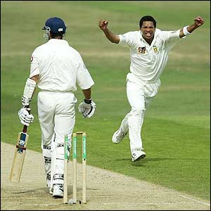 Makhaya Ntini celebrates bowling Michael Vaughan
