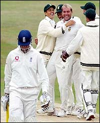 Marcus Trescothick leaves the crease after being caught-and-bowled by Jacques Kallis