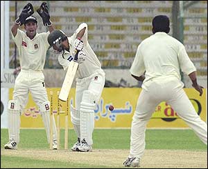 Pakistan's Shoaib Akhtar is bowled by Mohammad Rafique