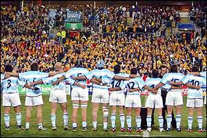 Argentina's players line up for the anthems before the game against Australia