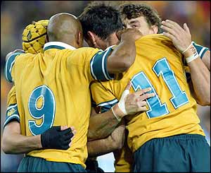 Roff is congratulated by his team-mates