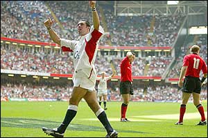 Alex Sanderson celebrates England's victory