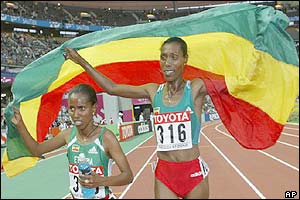 Werknesh Kidane and Berhane Adere celebrate their success in the 10,000m