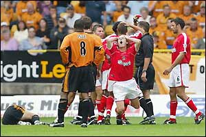 Parker cannot believe he's been sent off for his challenge on Kevin Cooper