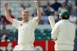 Andrew Flintoff takes the wicket of McKenzie