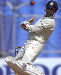 India's Virender Sehwag takes evasive action