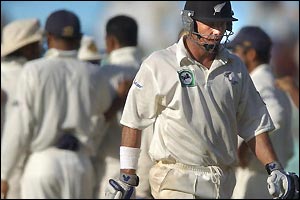 New Zealand batsman Martin Richardson is out