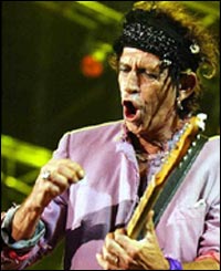Rolling Stones guitarist Keith Richards at the first British concert of their world tour to promote 40 Licks, a 40th anniversary collection of their hits
