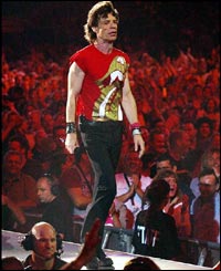 Rolling Stones lead singer Mick Jagger in front of 50,000 fans in the rugby ground of their home town, Twickenham, south-west London