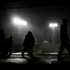 A rain-soaked Fenway Park in Boston