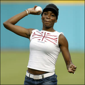 Venus Williams throws the ceremonial pitch in Miami
