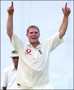 Matthew Hoggard celebrates a wicket