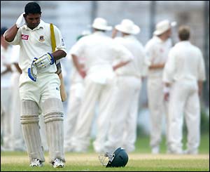 A BCB President's XI batsman looks disappointed as England take quick wickets