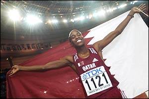 Quatar's Saif Saeed Shaheen celebrates after winning gold in the 3000m steeplechase