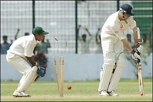 England's Rikki Clarke is bowled by Enamul Haque jnr