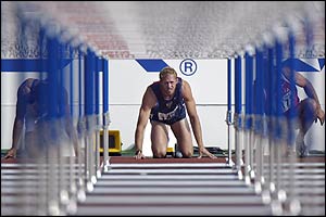 USA's Tom Pappas competes in the 110m hurdles in the men's decathlon