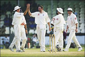 Steve Harmison takes the wicket of Nadif Chowdhury