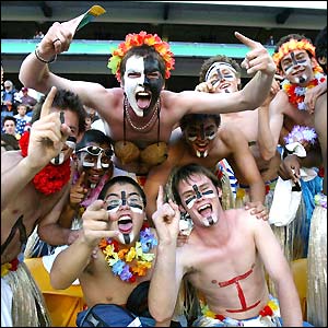 Fijian fans enjoy the party atmosphere of the Rugby World Cup
