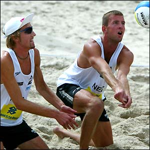 Holland's Emiel Boersma and Max Backer in action at the World Beach Volleyball Championships