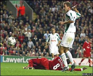 Emile Heskey scores for Liverpool