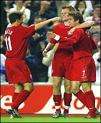 Harry Kewell celebrates his goal for Liverpool