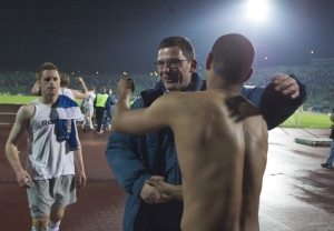 Hearts players celebrate at the final whistle after their draw with Zeljeznicar Sarajevo 