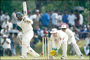 Bangladesh A batsman Nafis Iqbal plays a cover drive