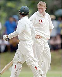 Matthew Hoggard and Nafis Iqbal exchange words