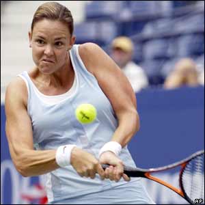 American Lindsay Davenport hits a backhand 