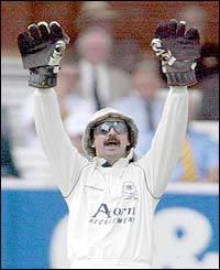 Gloucestershire's Jack Russell appeals for a Worcestershire wicket 