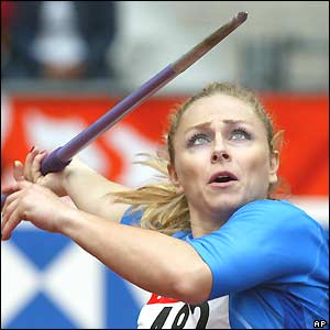 Mirela Manjani of Greece throws 66.52m to win the women's javelin