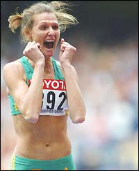 Hestrie Cloete of South Africa celebrates defending her title in the women's high jump