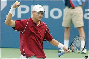Dutchman Sjeng Schalken celebrates victory against Ivo Karlovic