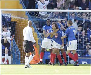 Patrik Berger celebrates scoring Pompey's winner