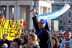 Nun waves flag in celebration at ceremony