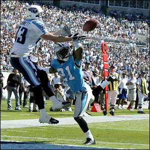 Drew Bennett of the Tennessee Titans has a pass intercepted by Terry Cousin of the Carolina Panthers