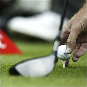 Ernie Els of South Africa tees up his ball during the final of the HSBC World Match Play Championship at Wentworth