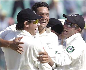 New Zealand's Daryl Tuffey celebrates dismissing Zaheer Khan - one of his three early wickets