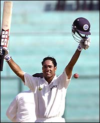 VVS Laxman celebrates reaching his hundred in India's first innings