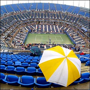 Rain suspends play during the US Open at the USTA National Tennis Center at Flushing Meadows