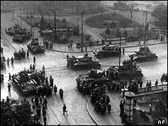 Aerial view of Soviet tanks on streets