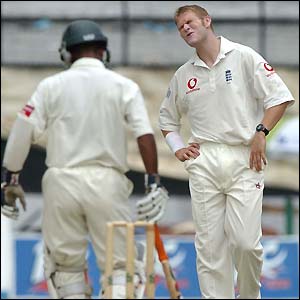 Fast bowler Matthew Hoggard (right) grimaces after a close shout as he opens the bowling