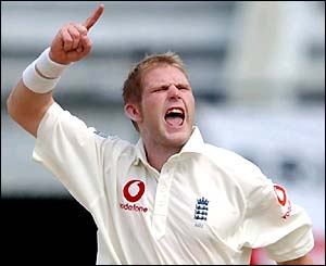 Matthew Hoggard celebrates his wicket