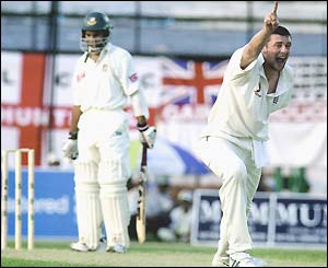 Habibul Bashar stands in his crease as Steve Harmison successfully appeals for his wicket