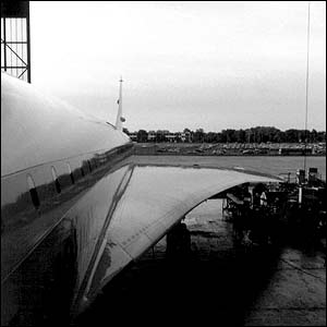 Concorde G-BOAE in the maintenance hangar at Heathrow, September, 2003, by Alasdair McLean, with thanks to the duty engineer